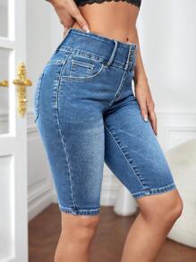 SHEIN Essnce 高腰牛仔短褲 - 中等水洗藍 - 查看 4