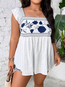 Breezaya Áo sơ mi Plus Size Thêu Xù Hoa Boho - Xanh và trắng - Xem 5