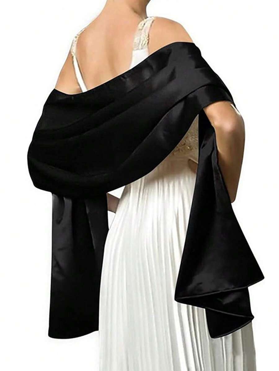1pc Solid Satin Scarf Elegant Silky - Black - View 1
