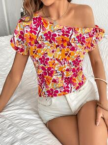 SHEIN VCAY Allover Floral Print Asymmetrical Neck Knot Side Blouse - Multicolor - View 6