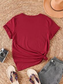 INAWLY Floral & Book Print Tee - Burgundy - View 2