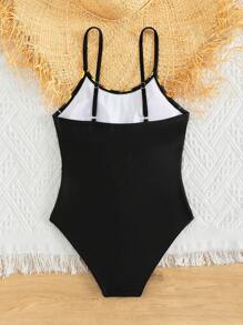 Girls Sunflower Print Ruffle Trim One Piece Swimsuit - Black - View 2