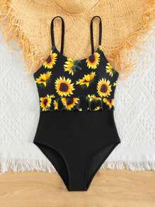 Girls Sunflower Print Ruffle Trim One Piece Swimsuit - Black - View 5
