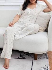 Bộ Giản Dị Kích Thước Lớn Nút phía trước Họa tiết hoa - trắng - Xem 1