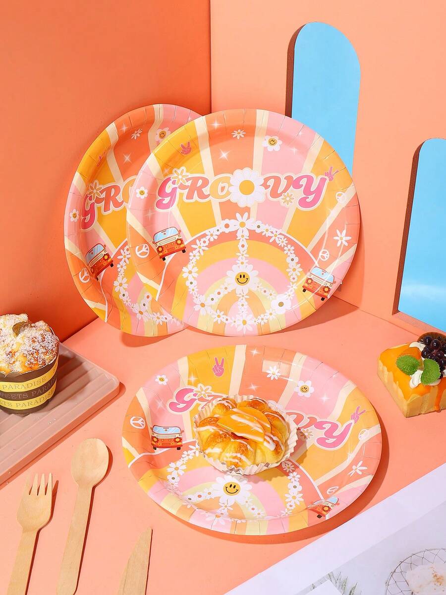 16 piezas Plato desechable con estampado de coche con estampado de letra desechable de colores papel redondo para fiesta - Multicolor - Ver 1