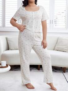 Bộ Giản Dị Kích Thước Lớn Nút phía trước Họa tiết hoa - trắng - Xem 4