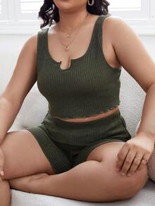 Plus Notched Neckline Lettuce Trim PJ Set - Army Green - View 3