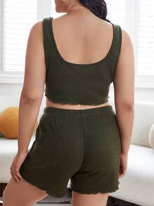 Plus Notched Neckline Lettuce Trim PJ Set - Army Green - View 2