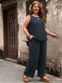 EMERY ROSE unicolor Blusa & Pantalones de pierna ancha - Azul Marino - Ver 4