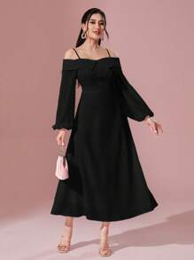 Modelyn Cold Shoulder Lantern Sleeve Dress - Black - View 1