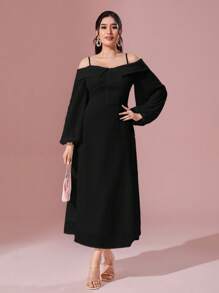 Modelyn Cold Shoulder Lantern Sleeve Dress - Black - View 3