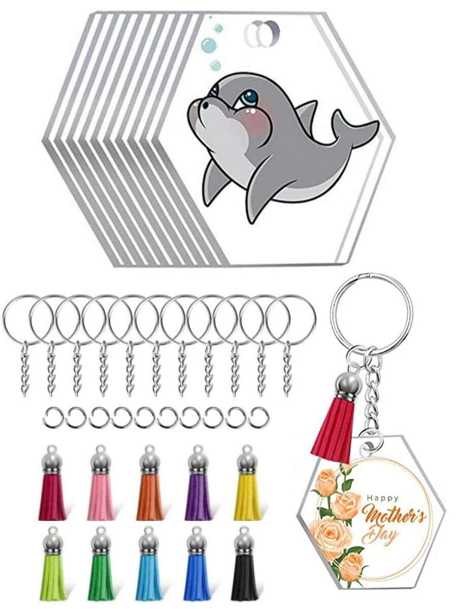40pcs/set Hexagonal Clear Acrylic Keychain Blanks Set Including 10pcs/set Acrylic Blanks, 10pcs/set Tassels, 10pcs/set Keychain Rings and 10pcs/set Jump Rings, For DIY Keychain Jewelry Making - Multicolor - View 1