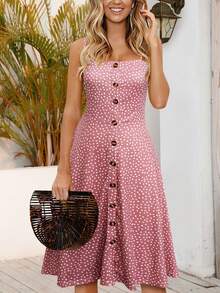 Polka Dot Button Front Cami Dress - Dusty Pink - View 4