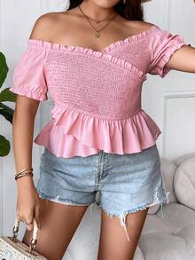 SHEIN Holidaya Plus Off Shoulder Frill Trim Peplum Blouse - Pink - View 6
