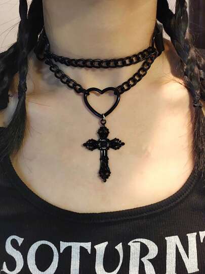 1Pc Funky Iron Alloy Cross & Heart Pendant Necklace For Women For Daily Decoration Gothic Valentines, Halloween
