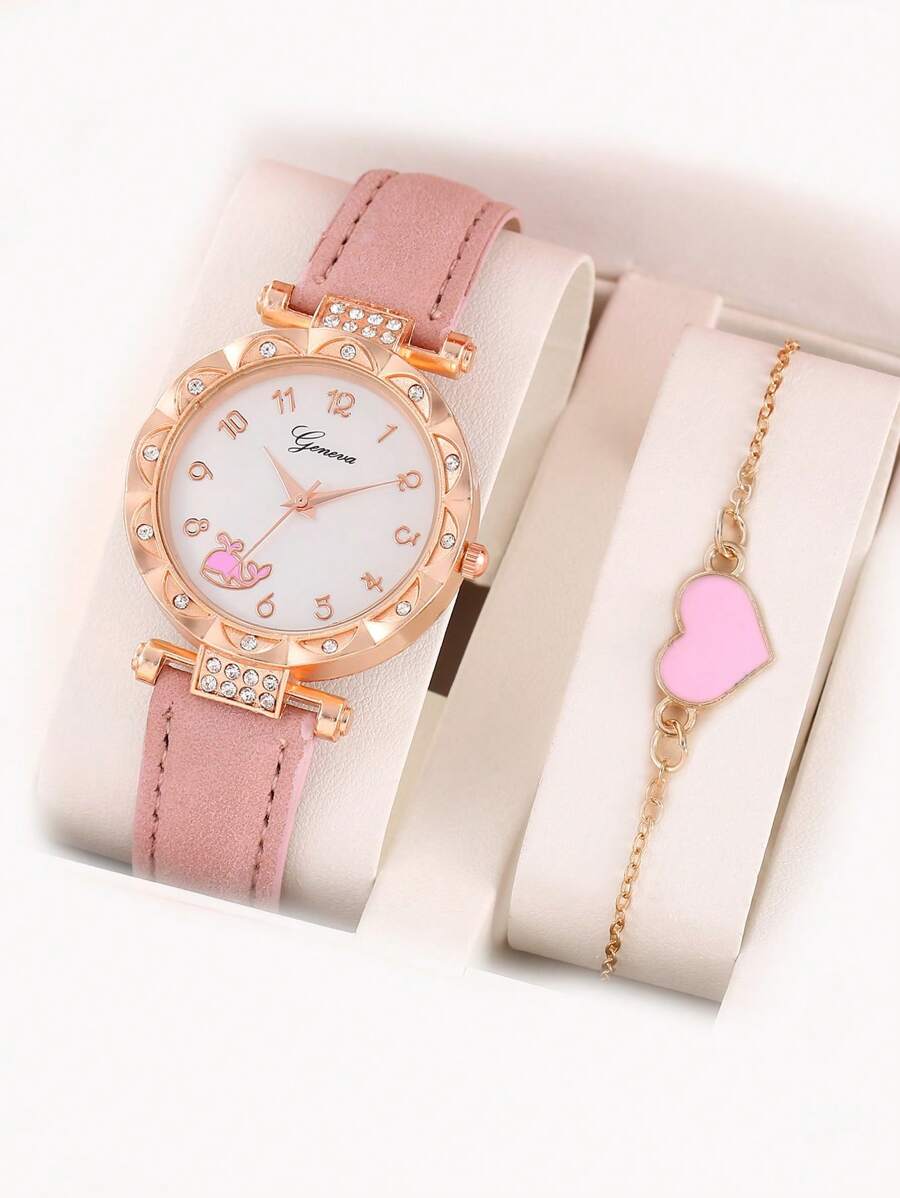 1pc Girls PU Polyurethane Strap Fashionable Rhinestone Decor Dolphin Pattern Round Dial Quartz Watch & 1pc Chain Bracelet For Daily Life - Pink - View 1