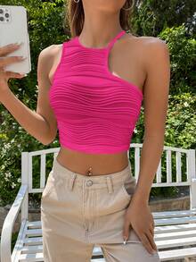 SHEIN EZwear Asymmetrical Neck Crop Top - Hot Pink - View 4