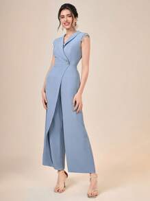 Modelyn 素色青果領紐扣細節闊腿連體褲 - 霧霾藍 - 查看 1