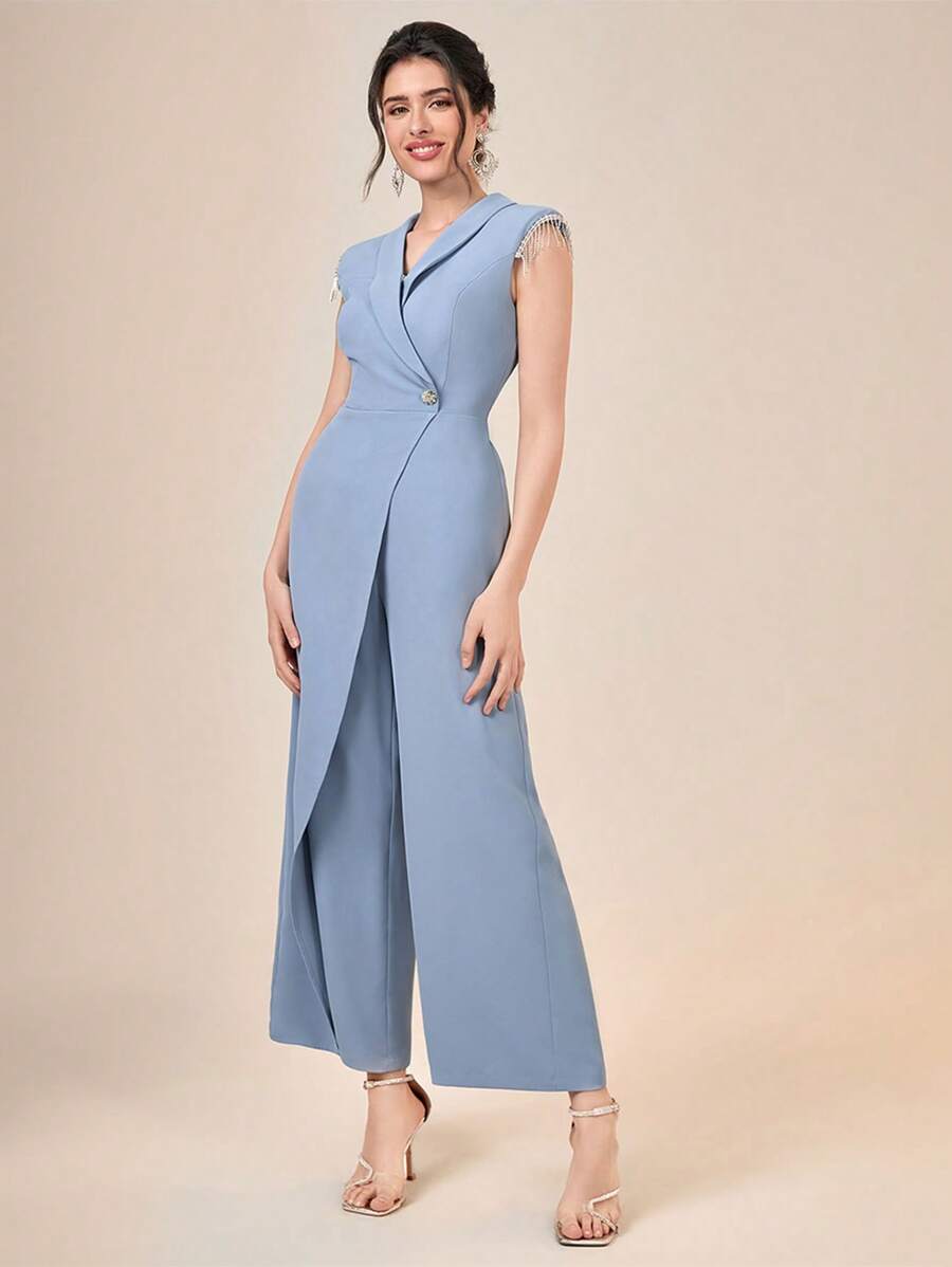 Modelyn 素色青果領紐扣細節闊腿連體褲 - 霧霾藍 - 查看 1