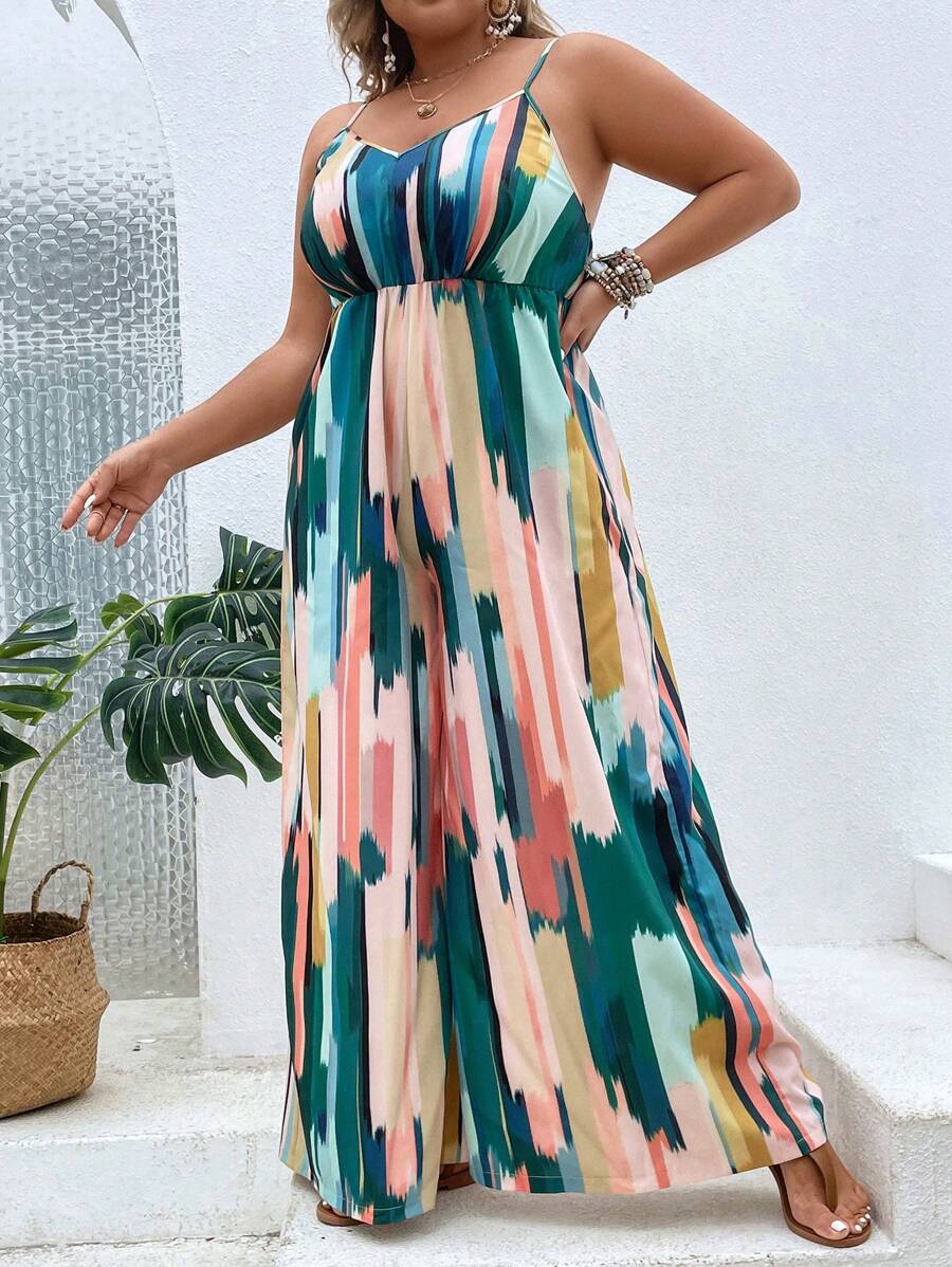 SHEIN Clasi Plus Brush Print Cami Jumpsuit - Green - View 1