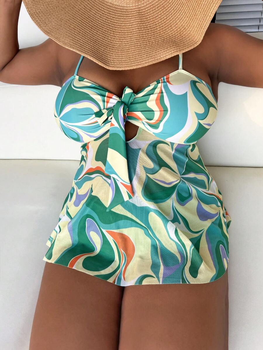 SHEIN Swim Curve Plus Size In đồ họa Nút thắt phía trước Tankini Bãi biển mùa hè - Nhiều màu - Xem 1