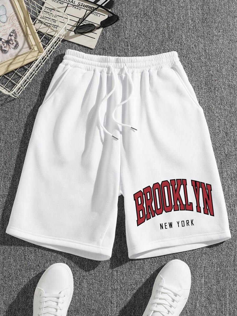 Manfinity Dauomo Men Letter Graphic Drawstring Waist Shorts - White - View 1