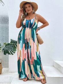 SHEIN Clasi Plus Brush Print Cami Jumpsuit - Green - View 4