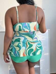 SHEIN Swim Curve Plus Size In đồ họa Nút thắt phía trước Tankini Bãi biển mùa hè - Nhiều màu - Xem 2