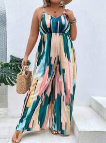 SHEIN Clasi Plus Brush Print Cami Jumpsuit - Green - View 5