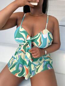 SHEIN Swim Curve Plus Size In đồ họa Nút thắt phía trước Tankini Bãi biển mùa hè - Nhiều màu - Xem 4