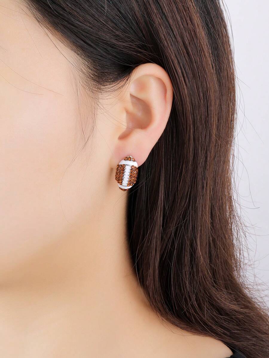 1對時尚玻璃水鑽裝飾棒球設計耳釘適合女士適用於日常 - 銀色 - 查看 1