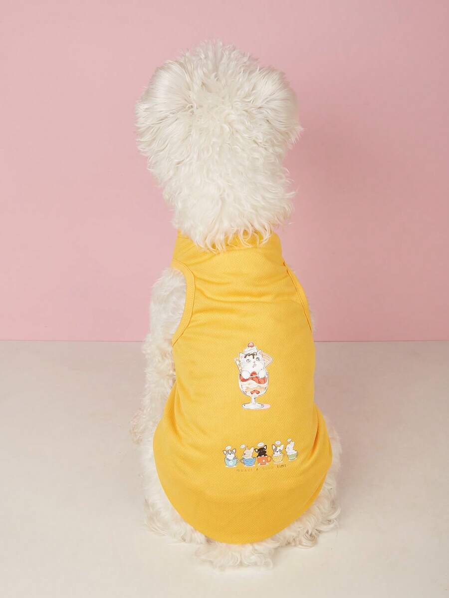 1pc Cartoon Cat Print Pet Tank For Dog And Cat For Summer - Yellow - View 1