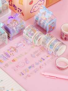 1盒卡通人物圖案和紙膠帶可愛多用途美紋紙膠帶適用於DIY工藝品、裝飾品、手帳
