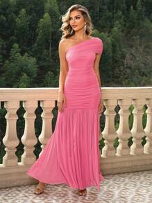 Elisanya Asymmetrisches Halsausschnitt Gerafftes Mesh-Overlay Kleid, Elegantes Abendkleid für Hochzeitsgäste, für Geburtstag, Abschlussfeier, Homecoming Party Kleid