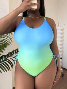 SHEIN Slayr Summer Beach Plus Ombre Drawstring Side One Piece Swimsuit - Multicolor - View 3