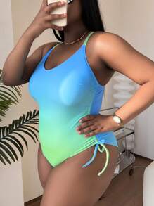 SHEIN Slayr Summer Beach Plus Ombre Drawstring Side One Piece Swimsuit - Multicolor - View 4
