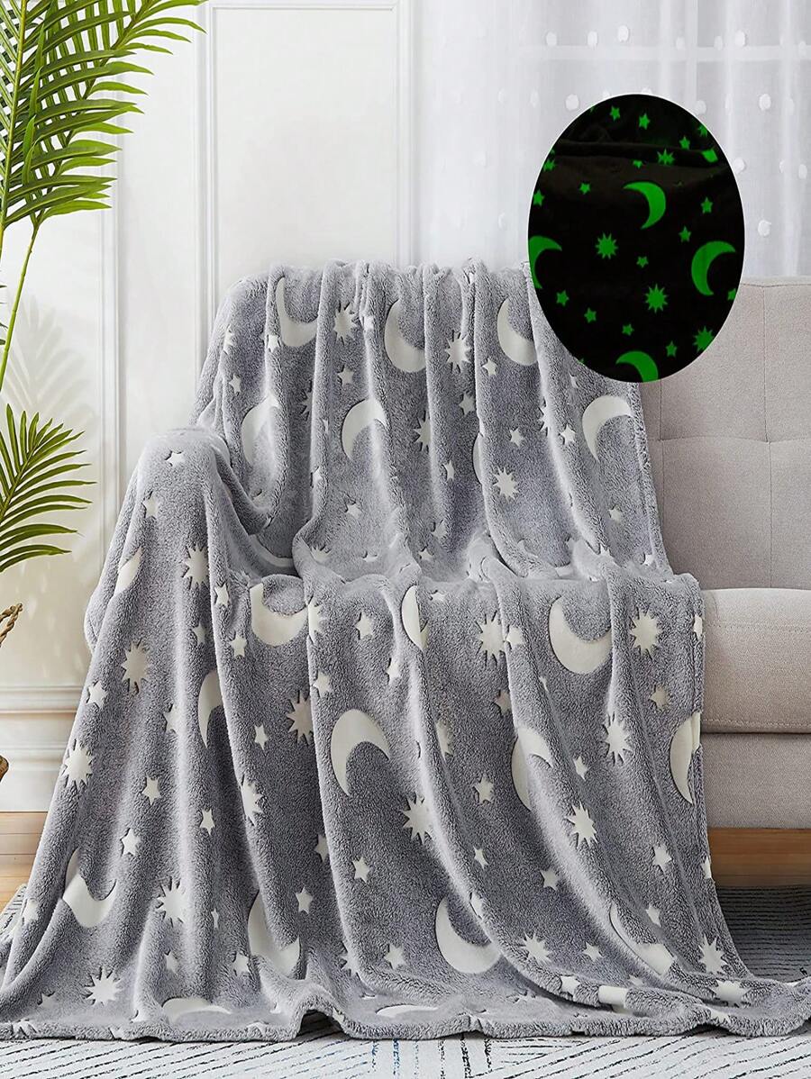 1 Chăn Phát Sáng Trong Bóng Tối Họa Tiết Ngôi Sao & Mặt Trăng, Chăn Flannelette Ngộ Nghĩnh Cho Giường - Nhiều màu - Xem 1