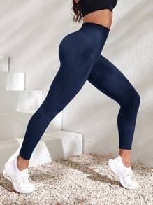 Easithlete 女士纯色宽腰运动紧身裤瑜伽裤 - 藏蓝色 - 查看 2