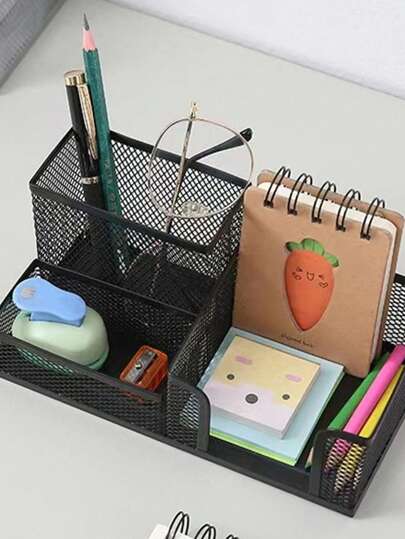 3 In 1 Metal Mesh Pen Holder For Desk, 3 Compartments Pencil Holder Desk Organizer Caddy With Sticky Notes Holder Easy Storage Suitable For Home, Office And School-Black 1pack Back To School