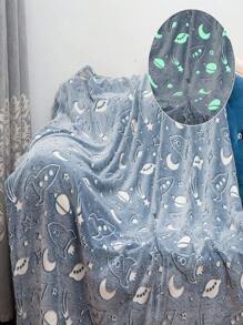 1pc Flannelette Blanket, Modernist Glow In The Dark Rocket & Spaceship Pattern Blanket For Bed - Multicolor - View 1