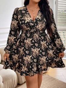 EMERY ROSE Plus Floral Print Lantern Sleeve Ruffle Hem Dress Fall Cloth For Women