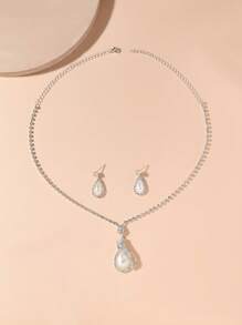3 Cái/bộ Thời Trang Móng Vuốt Dây Chuyền Hình Giọt Nước Ngọc Trai Giả Mặt Dây Chuyền Vòng Cổ & Bộ Bông Tai Giọt Cho Đám Cưới - Bạc - Xem 3