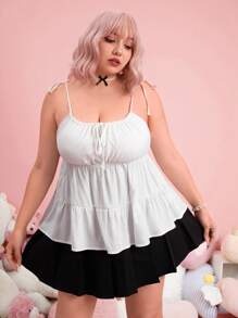 ROMWE Kawaii Plus Tie Shoulder Ruffle Hem Cami Top - White - View 5