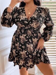EMERY ROSE Plus Floral Print Lantern Sleeve Ruffle Hem Dress Fall Cloth For Women