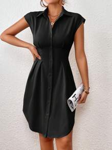 SHEIN Privé Solid Button Front Shirt Dress - Black - View 1