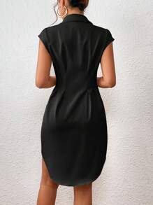 SHEIN Privé Solid Button Front Shirt Dress - Black - View 2