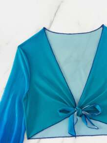 漸層前繫帶喇叭袖罩衫套裝