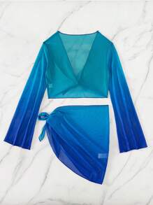 漸層前繫帶喇叭袖罩衫套裝