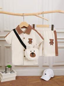 SHEIN 幼童熊貓印花對比領短袖襯衫和短褲及袋 - 杏色 - 查看 1