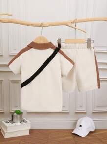 SHEIN 幼童熊貓印花對比領短袖襯衫和短褲及袋 - 杏色 - 查看 2